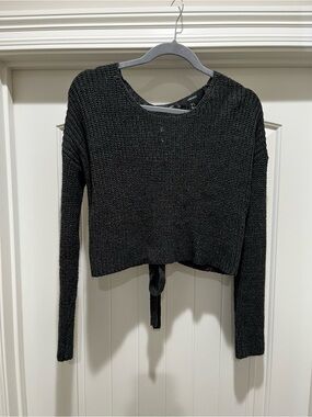 Gray Cropped Knit Tie-back Sweater